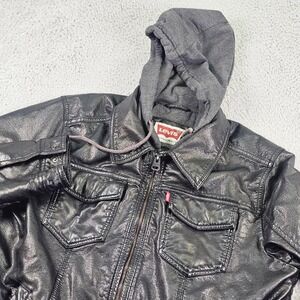 Levis Jacket Mens Large Black Hooded Faux Leather Biker Full Zip Insulated